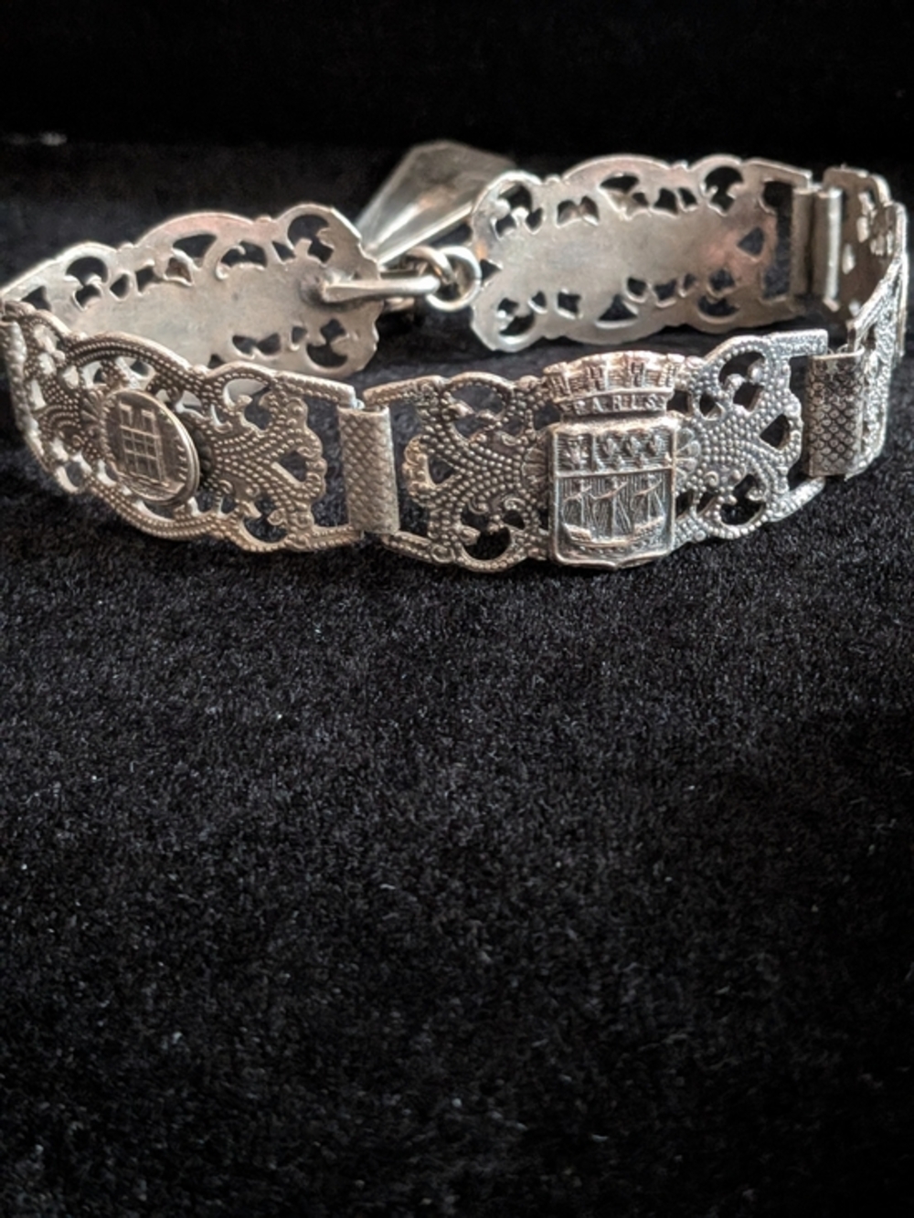 Intricate vintage French souvenir braFiligree Shield Link Bracelet - Silver Tone